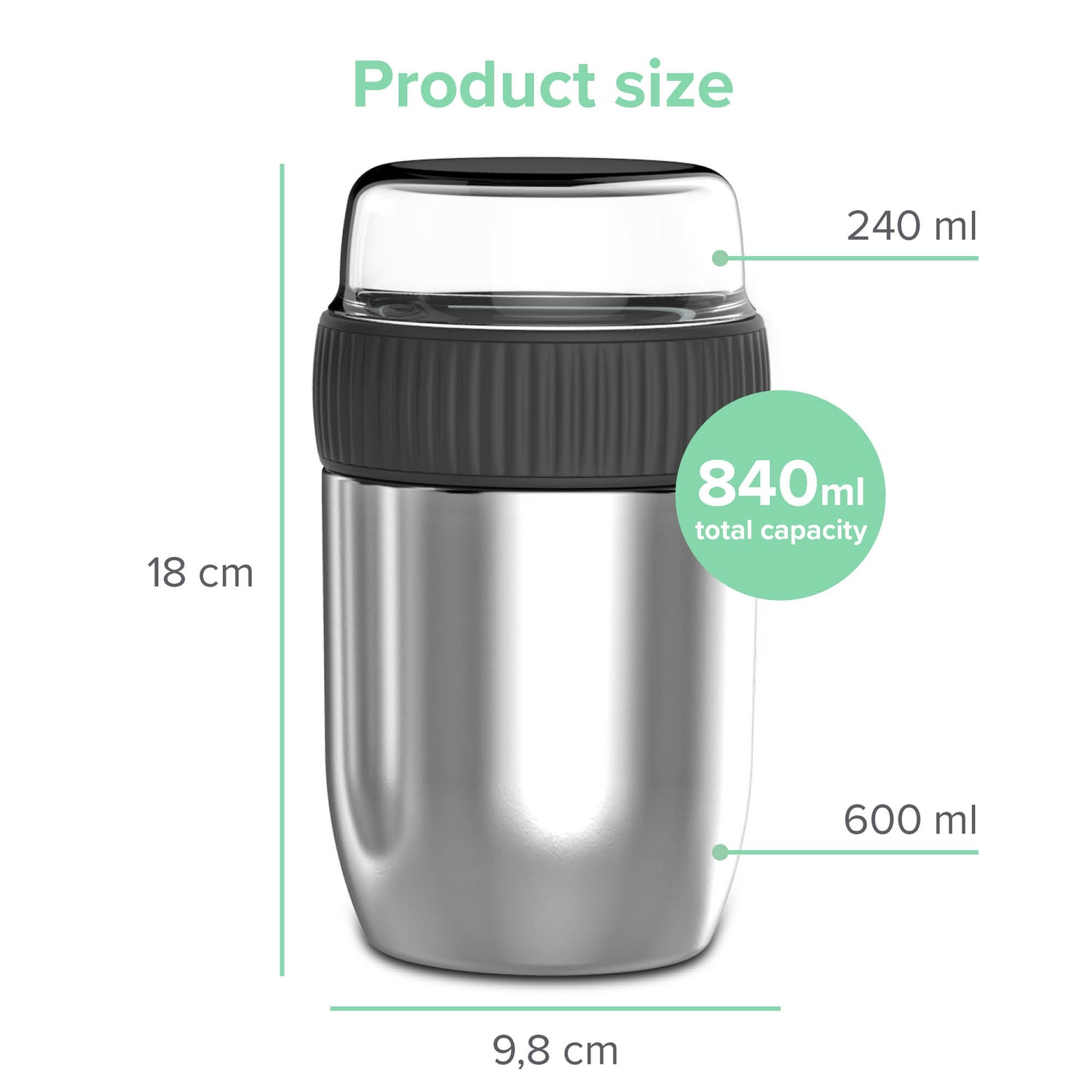 Coninx Thermos Food Container - Wärmebehälter Lebensmittel für zu Hause und unterwegs - Thermos Food Box Leak-Proof - Thermos-Tasse 840ml RVS