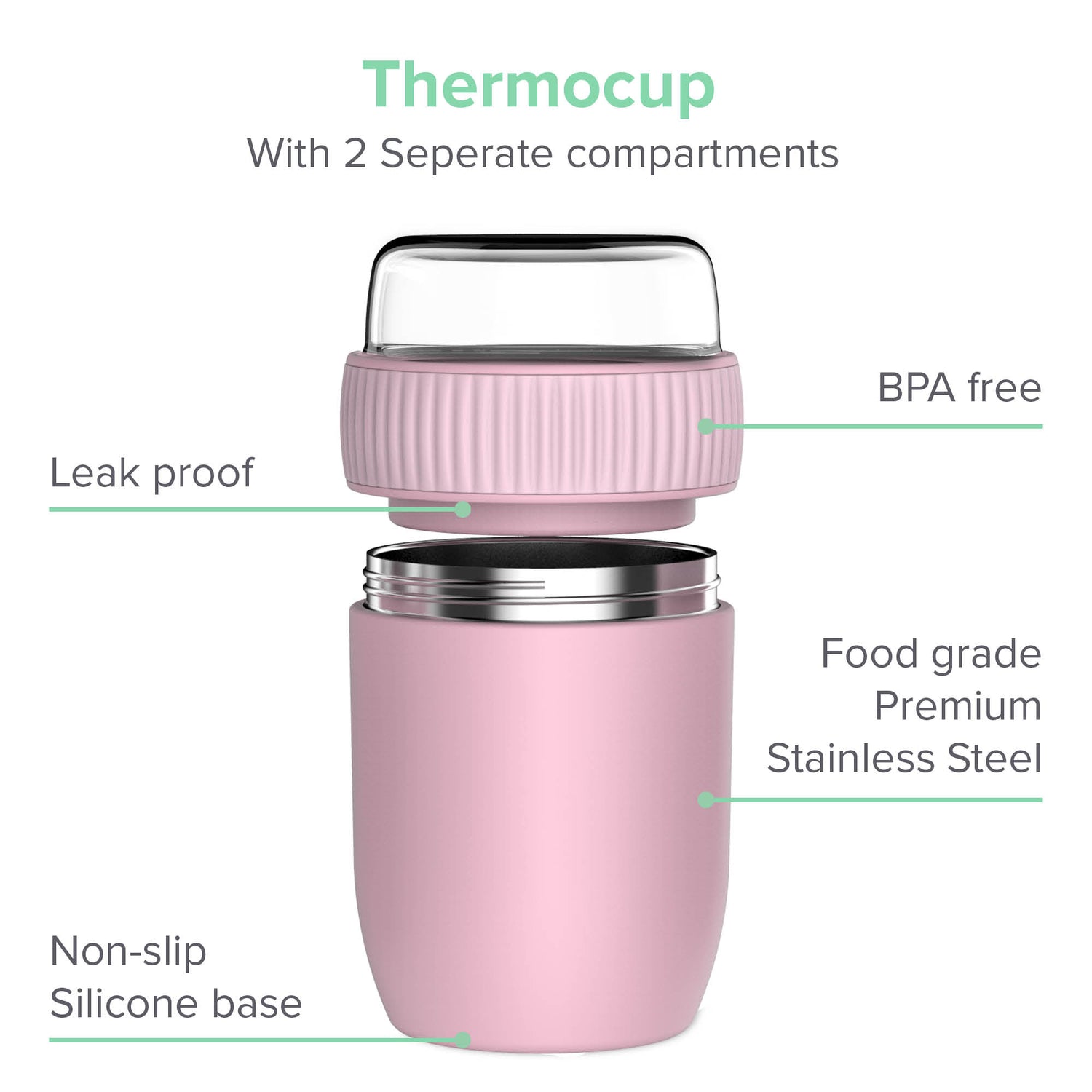 Coninx Thermos Food Container - Wärmebehälter Lebensmittel für zu Hause und unterwegs - Thermos Food Box Leak-Proof - Thermos-Tasse 840ml Rosa
