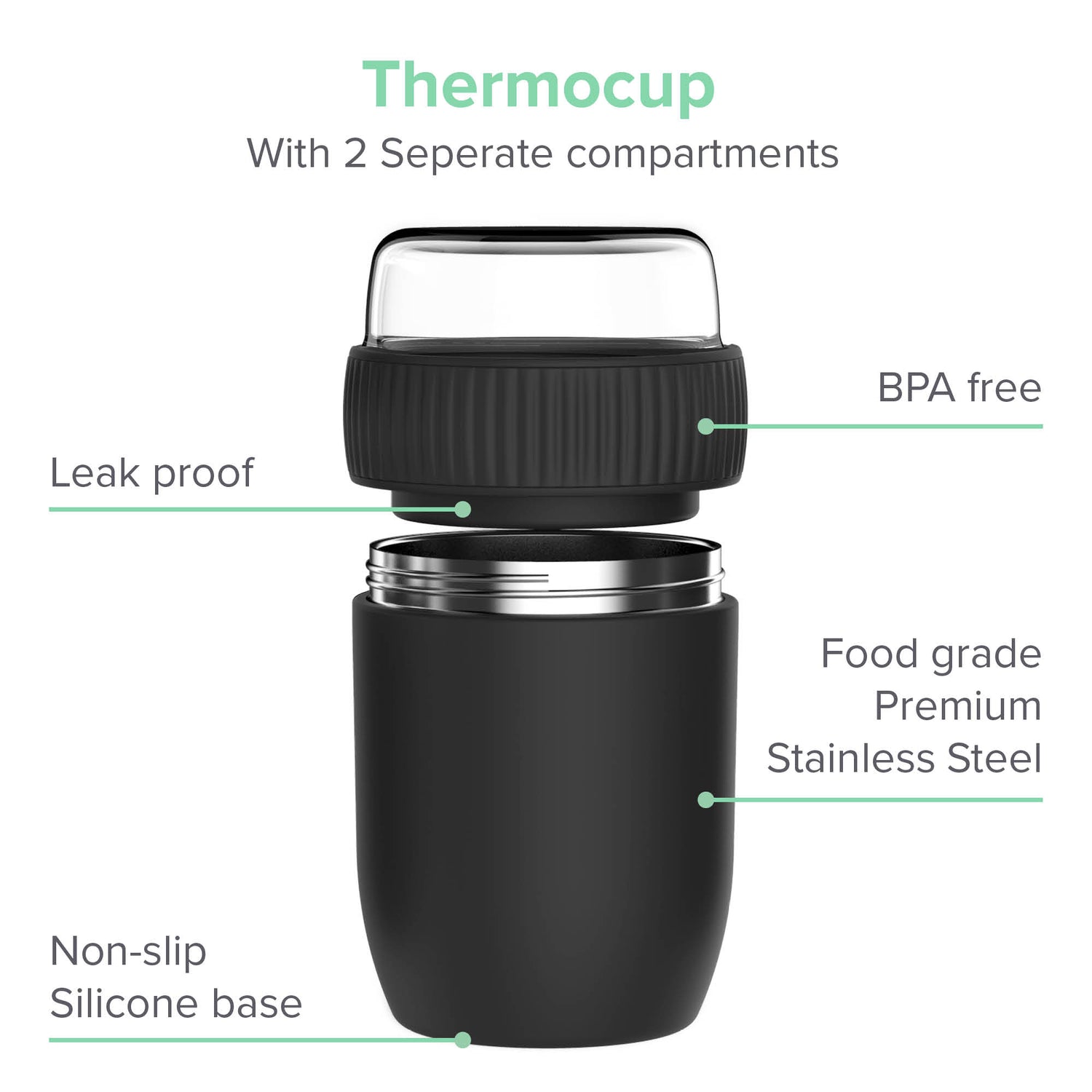 CONINX THERMOS Nahrungsmittelbehälter - Wärmebehälter Lebensmittel für zu Hause und unterwegs - Thermos Food Box Leak-Proof - Thermos-Tasse 840ml Schwarz